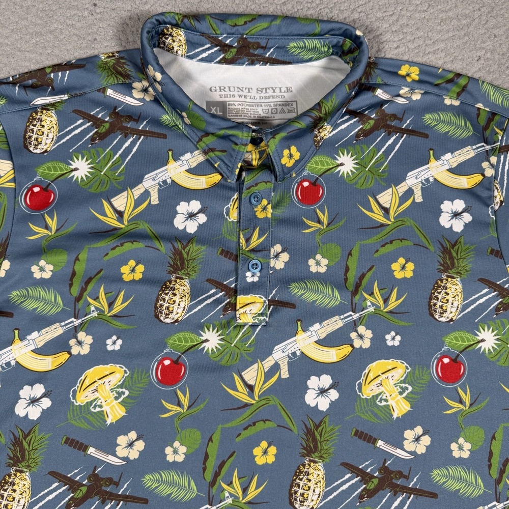 Grunt Style Shirt Mens XL Blue Fruits Planes Performance Golf Polo Preppy Logo